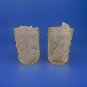 VTG Pair Ball Mason Jelly Jars 6oz Raised Print Fruit Design Side Measure OZ/ML